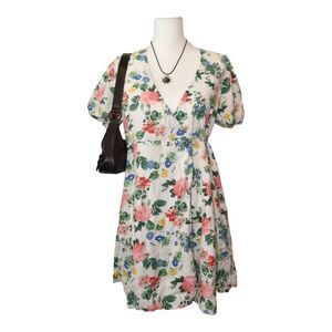 OLD NAVY White Floral Linen Blend Puff Sleeve Wrap Dress M Cottagecore Prairie
